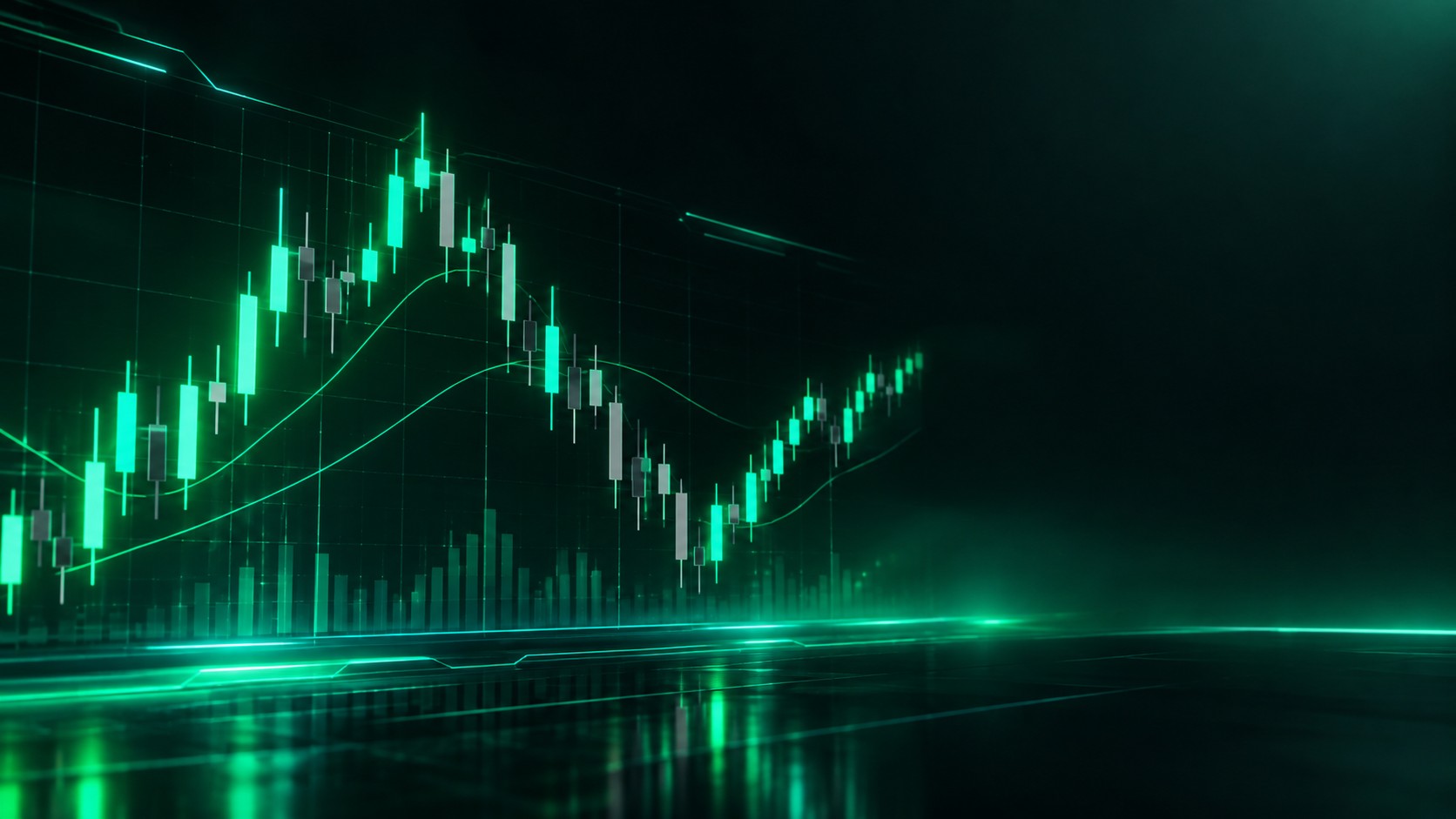 Large glowing forex candlestick chart with rising and falling candles